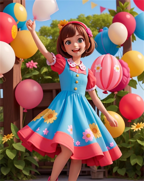 een meisje met ballonnen in haar hand houdt een ballon vast met de tekst "gelukkige verjaardag".