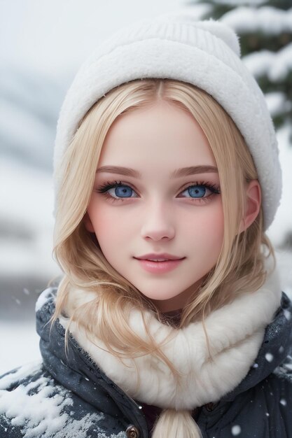 Een meisje met blauwe ogen en een hoed op in de sneeuw
