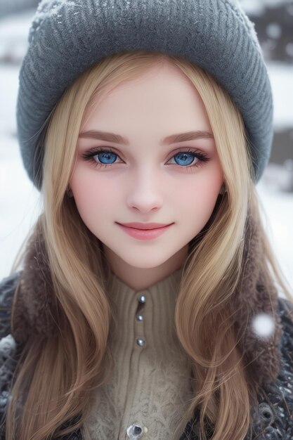 Foto een meisje met blauwe ogen en een hoed.