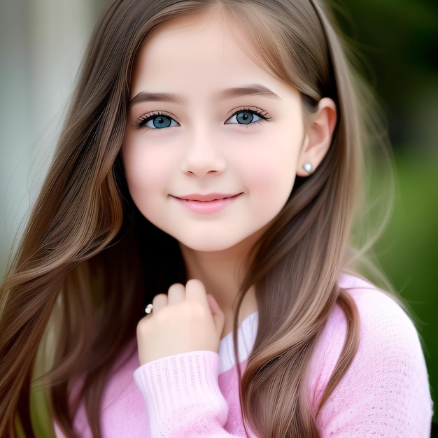 Een meisje met blauwe ogen en een roze trui lacht.