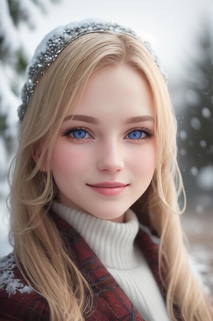 Een meisje met blauwe ogen in de sneeuw.