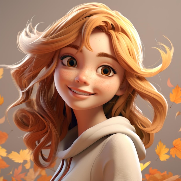 een meisje met blond haar glimlachend voor herfstbladeren