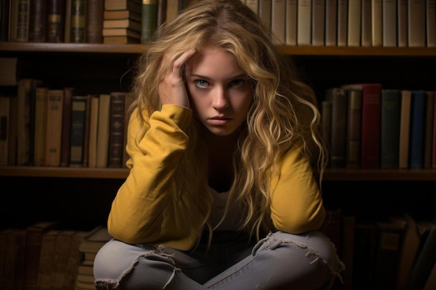 Een meisje met blond haar zit voor een boekenplank.