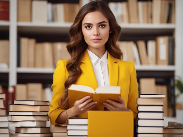 Een meisje met boeken en dossiers in een felgeel pak en een gele bibliotheekachtergrond