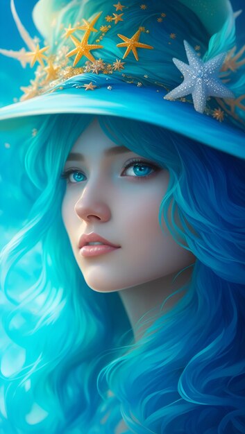 Een meisje met een blauwe hoed en een bloem op haar hoofd