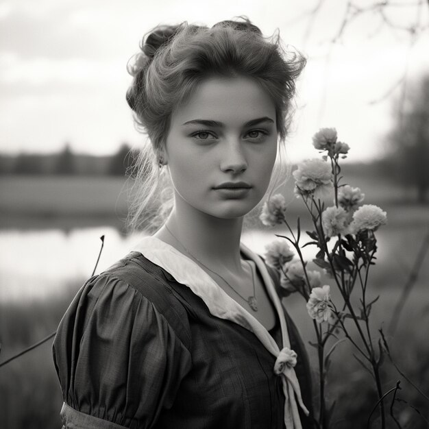 Een meisje met een bloem zwarte amp witte esthetische stijl foto