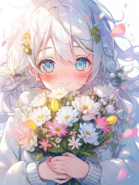 een meisje met een boeket bloemen in haar hand
