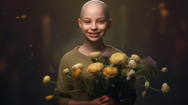 Foto een meisje met een bos bloemen in haar handen
