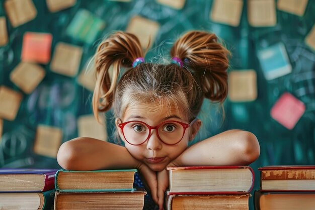 Foto een meisje met een bril en een boek genaamd de ene met het nummer 5 op de bovenkant