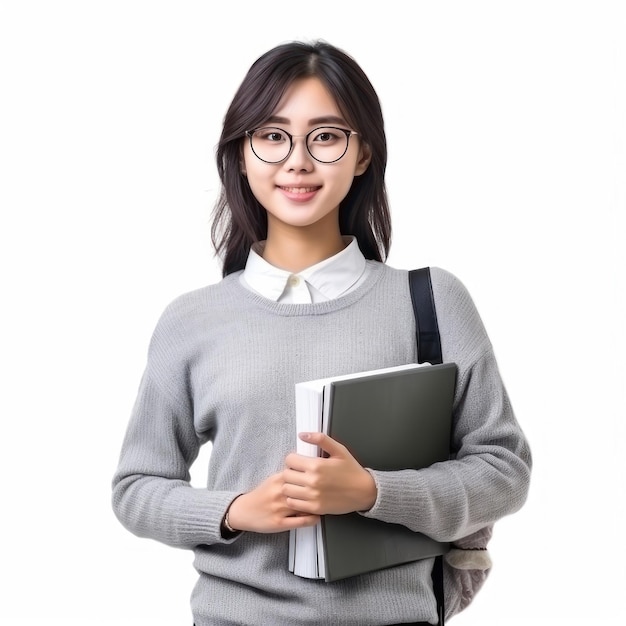 een meisje met een bril en een trui met een boek in haar hand.