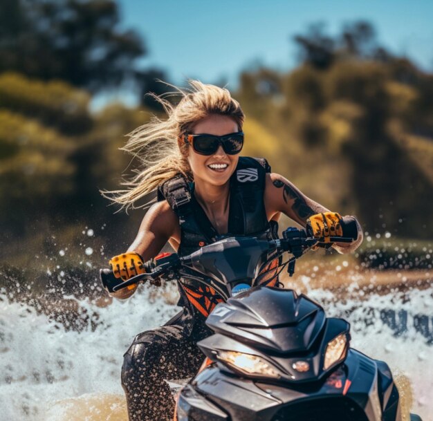 Foto een meisje met een bril glimlacht op een jet ski in de spray van de golven tegen