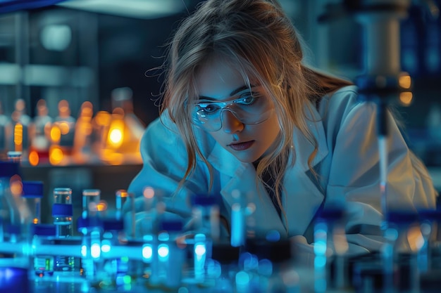 Een meisje met een bril is bezig met onderzoek in een wetenschappelijk laboratorium.