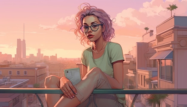 een meisje met een bril zit op haar balkon in de stijl van posterkunst Soft Pink