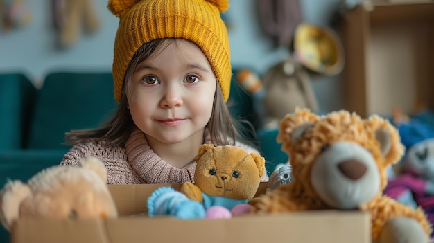 een meisje met een gele hoed en een bruine teddybeer