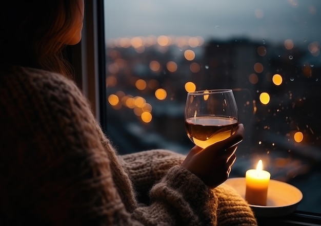 Een meisje met een glas warme wijn in haar handen op een winter avond.