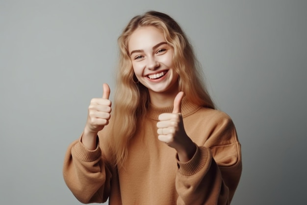 Een meisje met een grote glimlach toont een duim omhoog teken op een grijze achtergrond