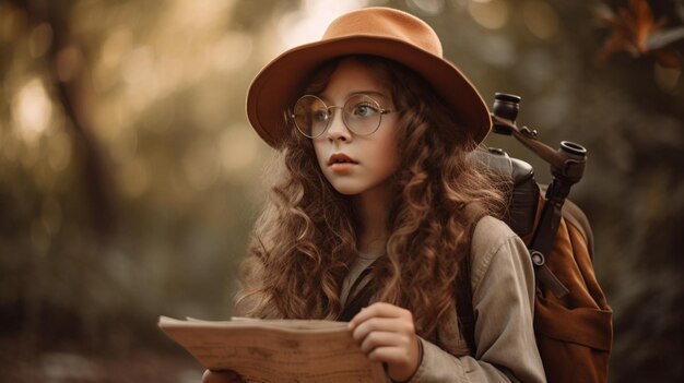 Een meisje met een hoed en een bril houdt een kaart vast en kijkt naar de camera.