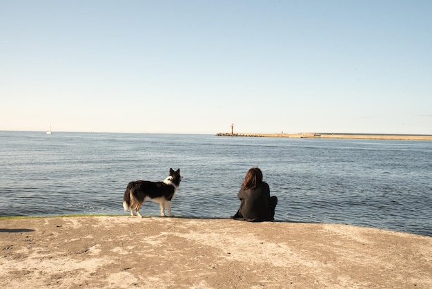 Een meisje met een hond aan de kust kijkt naar een zeilboot