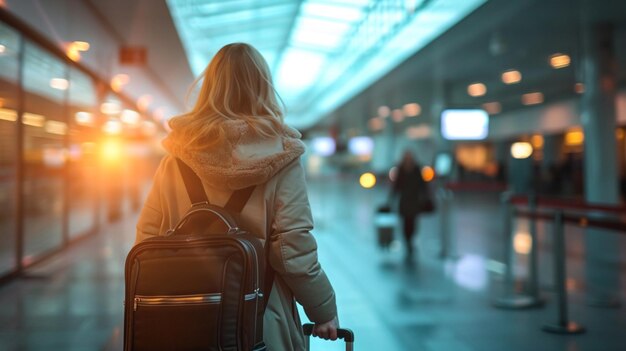 Foto een meisje met een koffer op de luchthaven