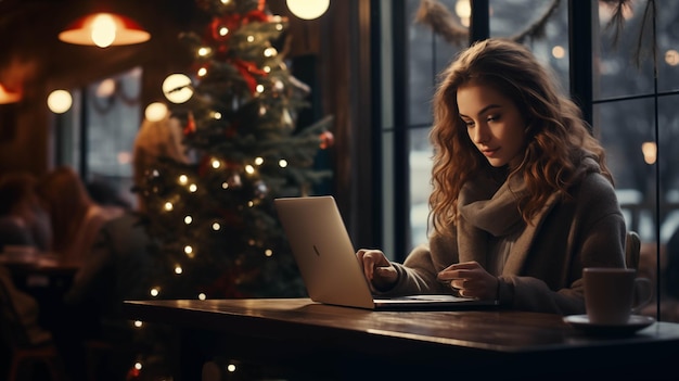 Een meisje met een laptop werkt in een café in de winter