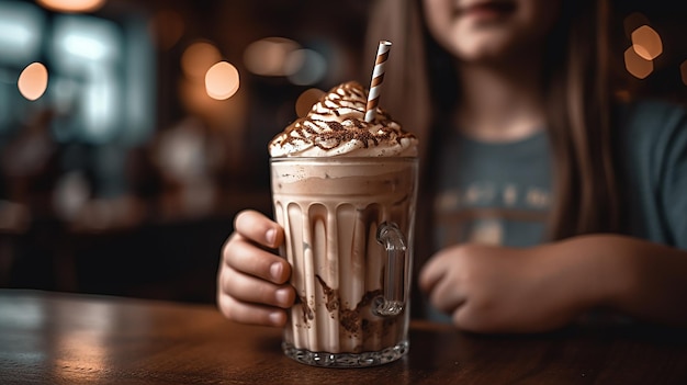 Een meisje met een milkshake met een rietje in haar hand.