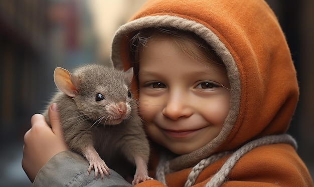 Foto een meisje met een muis en een rat op haar schouder