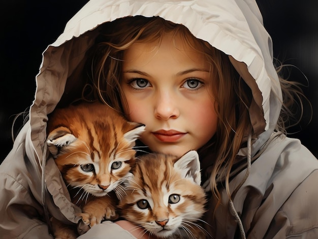 Een meisje met een paar kittens nestelde zich in een knusse deken die Ai had gegenereerd