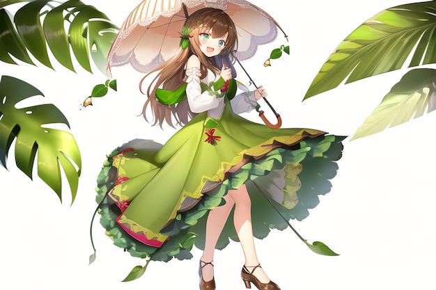 Een meisje met een paraplu en bladeren op haar