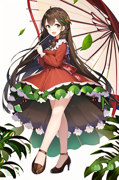 Een meisje met een paraplu en een lommerrijke plant