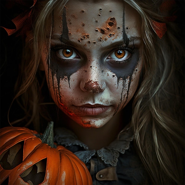 Een meisje met een pompoen Halloween Theme Girl Achtergrond