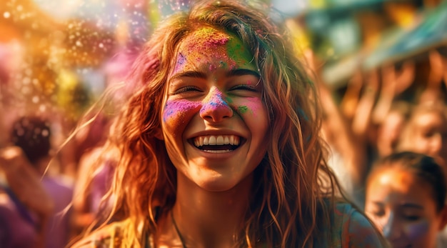 Een meisje met een regenboogkleurig poeder op haar gezicht