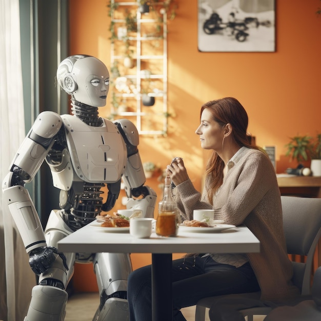 Een meisje met een robot zit in een café aan dezelfde tafel