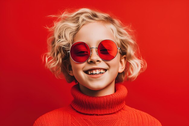 Een meisje met een rode zonnebril en een rode trui glimlacht voor de camera.