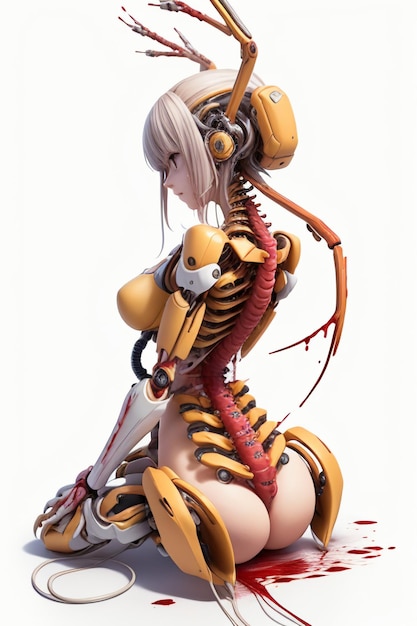 Een meisje met een skelet en een skelet zit op een witte achtergrond.