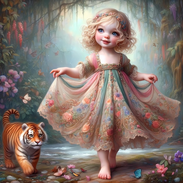 een meisje met een tijger en een tijger in haar jurk