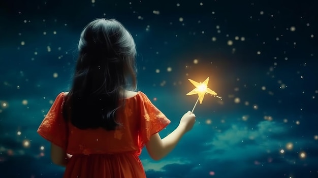 een meisje met een toverstok sterren schijnen hoopvolle aura