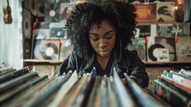 Foto een meisje met een uiterlijk van vastberadenheid terwijl ze door een collectie vintage vinyl platen zoekt ruwe ai gegenereerde illustratie