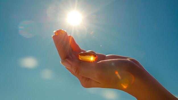 Foto een meisje met een vitamine d-tablet boven een blauwe hemel met natuurlijk daglicht en ruimte generatieve ai