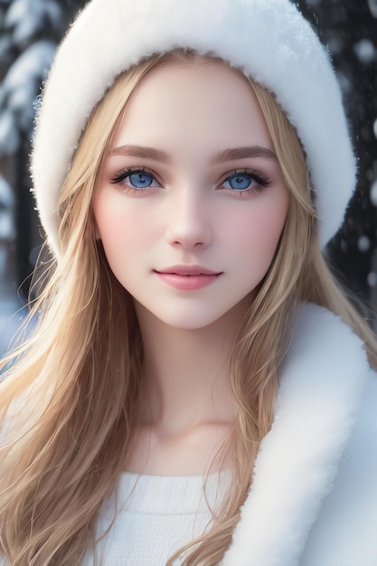 Foto een meisje met een witte hoed en een bontjas staat in de sneeuw.