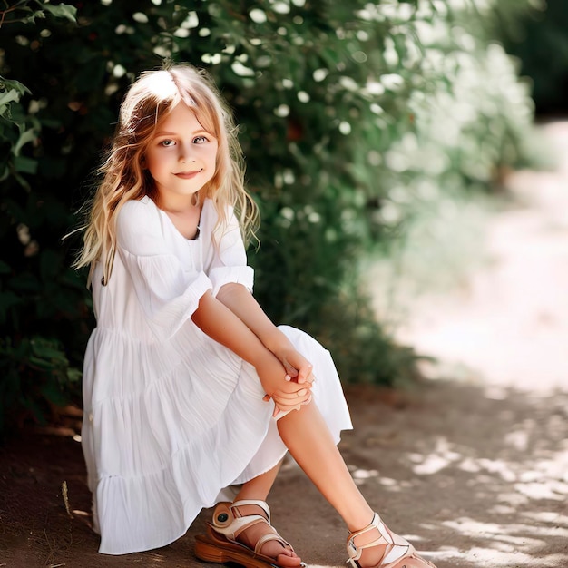 Een meisje met een witte jurk en wat sandalen in de zomer