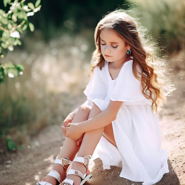 Een meisje met een witte jurk en wat sandalen in de zomer