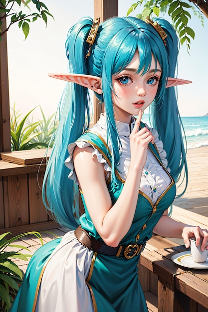 een meisje met elfenoren en blauwe twintails