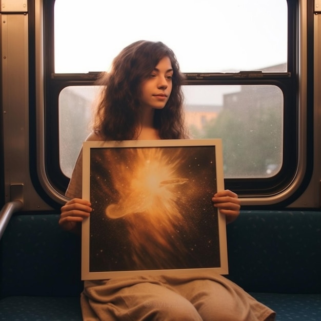 Een meisje met engelenvleugels houdt een enorm portret vast met een foto van de Melkweg