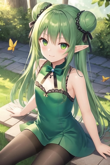 Een meisje met groen haar en een groene jurk met het woord groen erop
