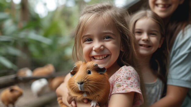 Foto een meisje met haar ouders in een hok met proefkonijnen in de dierentuin.