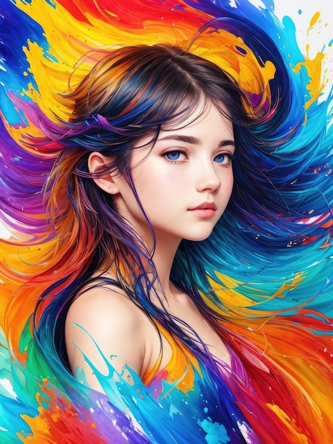 Een meisje met kleurrijk haar wordt getoond met een kleurrijk haarschilderij.