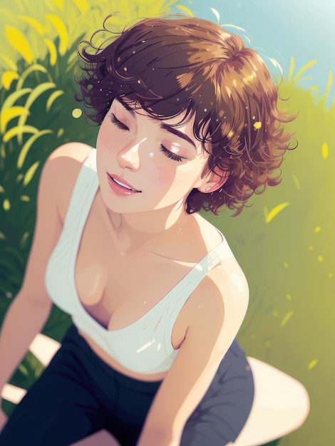 Een meisje met kort bruin haar en een witte top zit op een groen grasveld.