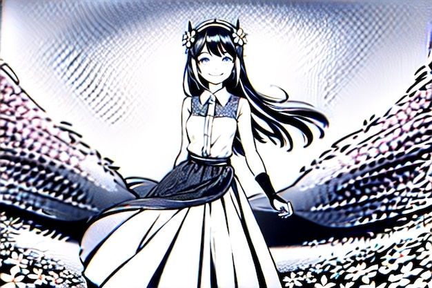 Een meisje met lang donker haar en een witte jurk met een bloem op haar hoofd.