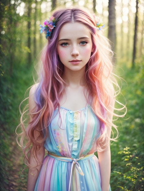 Een meisje met lang haar en een bloemenhoofdband staat in een bos.