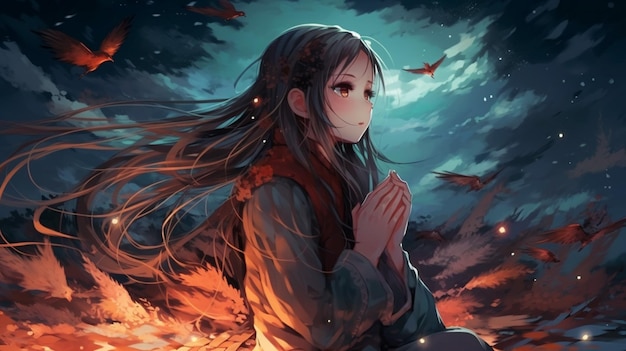 Een meisje met lang haar zit in een veld met een vuur op de achtergrond.